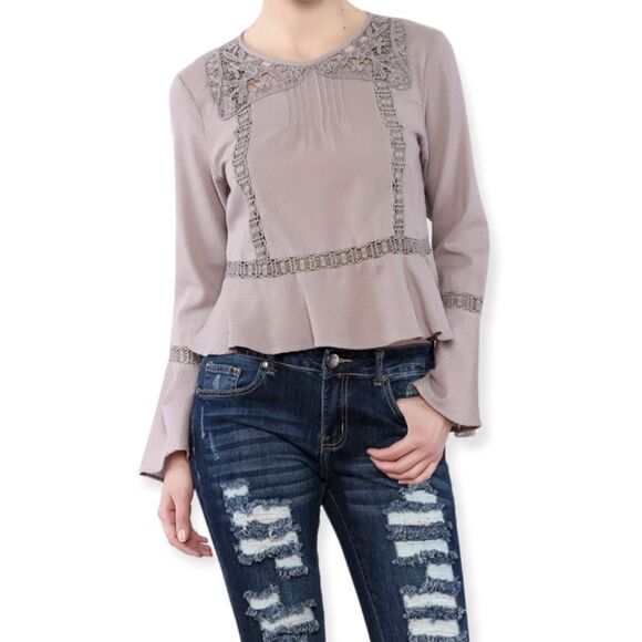 Wild Time Fashion Tops - Cut-Out Crochet Round Neckline Long Bell Sleeve Ruffle Trim Top NEW
